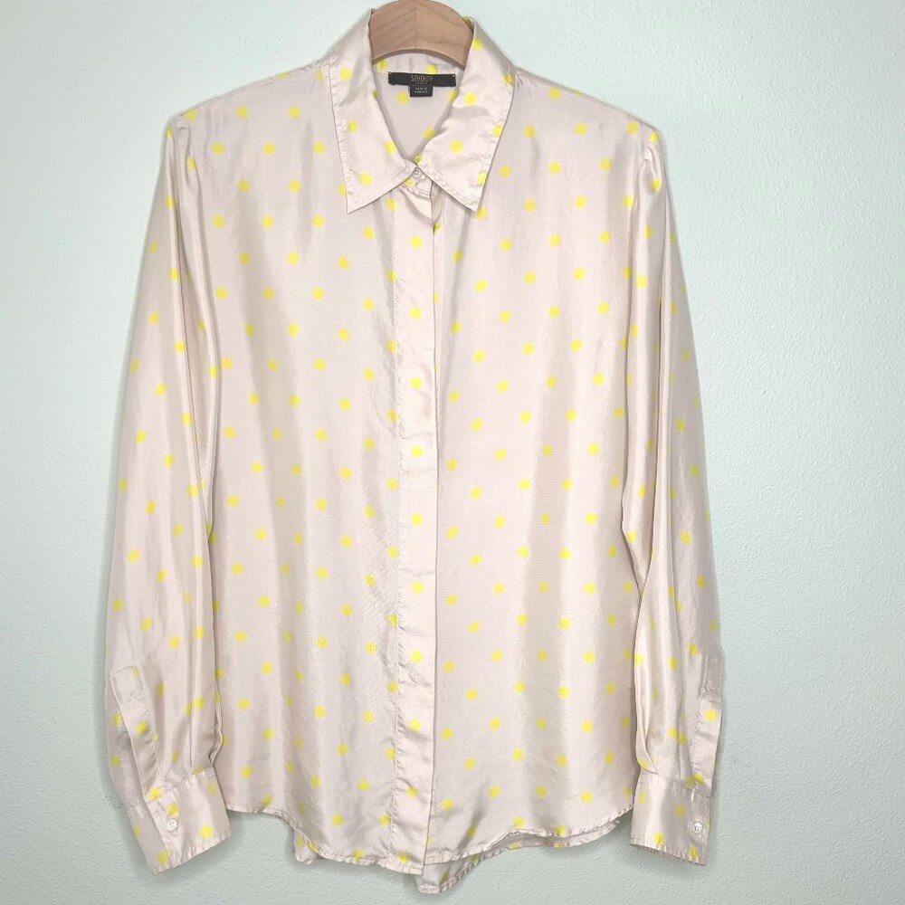 Seventy Venezia Silk Button Down in Tan and Yellow Dot Print Size M